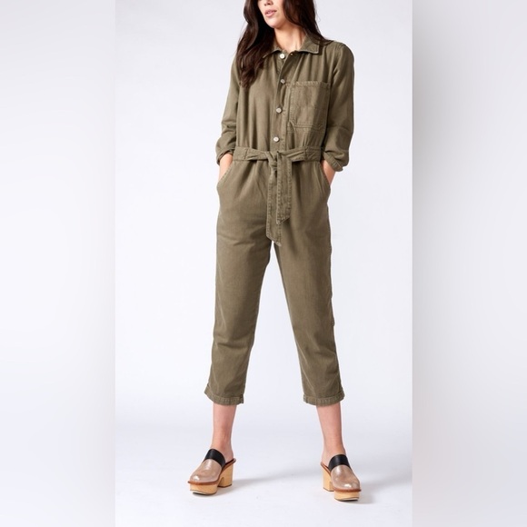 Amo Denim High Waist Jumpsuit Olive Green Long Sleeve Tie Waist - Picture 1 of 13